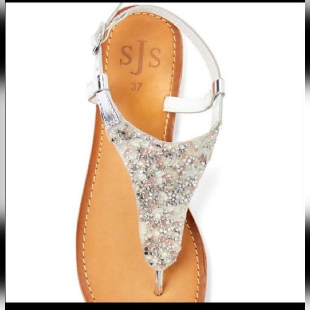 SJS Beverly Hills Silver Rhinestones T-Strap Leather Sandals Women's Sizeā40 - Picture 2 of 7